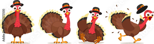 Set of turkey character in different poses on a white. Thanksgiving Day