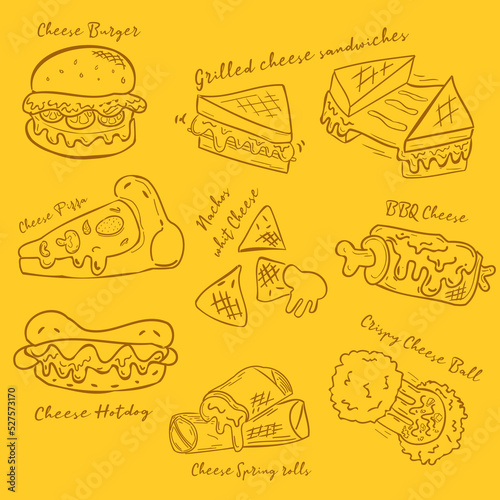 Hand drawn set of Cheese Menu.chees burger,Grill sandwich,pizza,hotdog,spring rolls,BBQ,nachos.Doodle Vector.element for dacoration banner ,logo,business card,menu,website restaurant.
