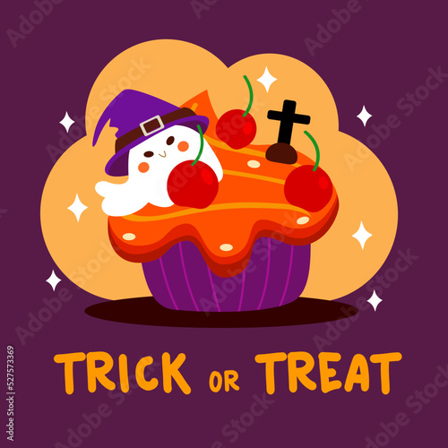 Cute Halloween cupcake cartoon. Trick or treat. vector illustion. kawaii Halloween concept. home made and Fresh baked Sweet and dessert.