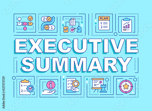 Executive summary word concepts blue banner. Short business plan. Infographics with editable icons on color background. Isolated typography. Vector illustration with text. Arial-Black font used