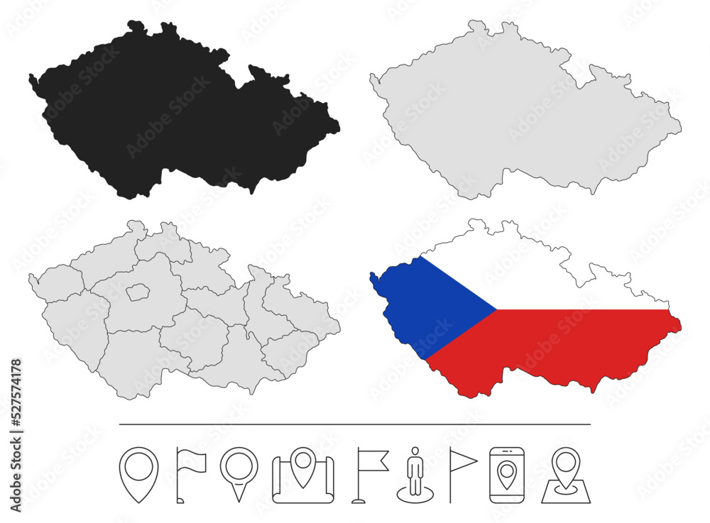 Set of different Czech Republic maps with national flag. Navigation line icons. Vector illustration.