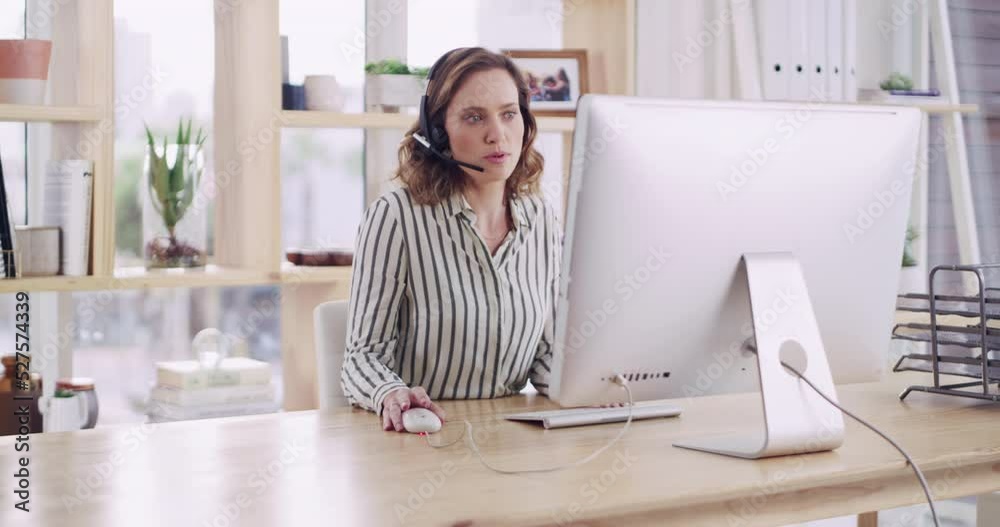 Crm, contact us and call center consultant and web help worker on a computer online consultation. Telemarketing, service and internet sales agent consulting client for digital pc tech support advice
