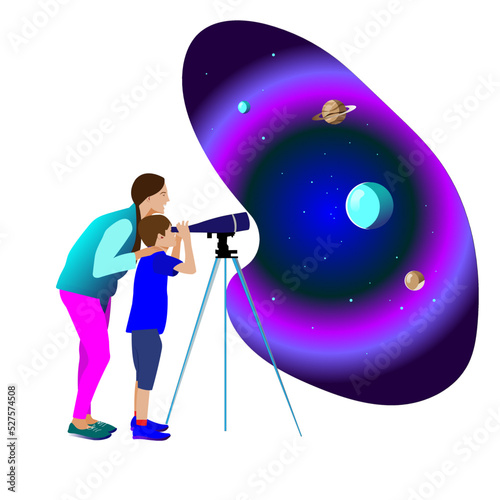 Exploring with kids flat color vector character. Showing your children interesting things in outer space. Exploring stars isolated cartoon illustration for web graphic design and animation