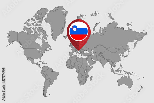 Pin map with Slovenia flag on world map. Vector illustration.