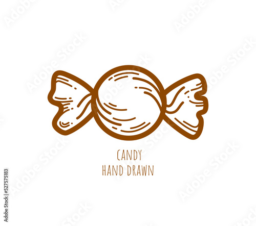 One small round wrapped candy on white background. Caramel vector icon. Sweet store logo. Chocolatier. Decorative linear art element for cafe menu design, advertising layout. World Candy Day. Emblem