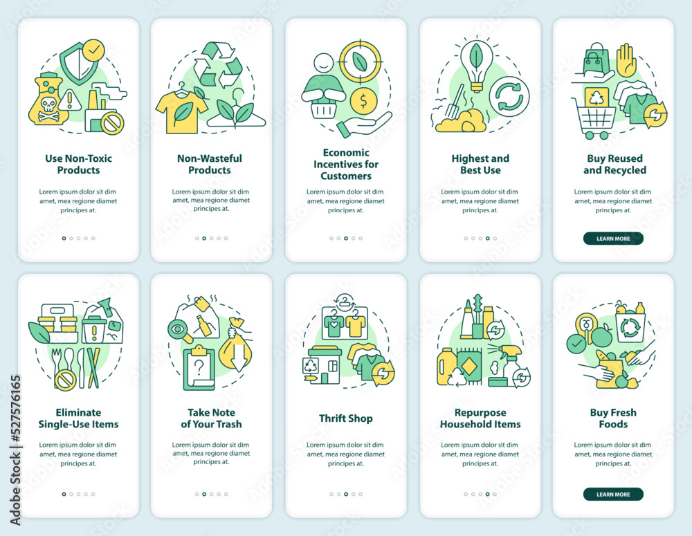 Zero waste living and business onboarding mobile app screen set. Walkthrough 5 steps editable graphic instructions with linear concepts. UI, UX, GUI template. Myriad Pro-Bold, Regular fonts used