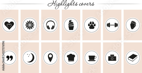 highlights covers. Elegant black and white instagram stories covers. Icons for personal social media. Vector, editable. 