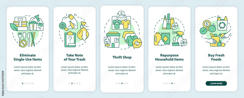 Fototapeta premium Transitioning into zero-waste lifestyle onboarding mobile app screen. Walkthrough 5 steps editable graphic instructions with linear concepts. UI, UX, GUI template. Myriad Pro-Bold, Regular fonts used