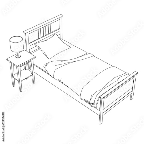 Outline of a bed with a blanket and a pillow with a bedside table with a lamp made of black lines isolated on a white background. Isometric view. Vector illustration.