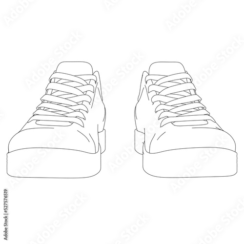 The contour of sports sneakers from black lines isolated on a white background. Front view. Vector illustration.