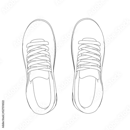 The contour of sports sneakers from black lines isolated on a white background. View from above. Vector illustration.
