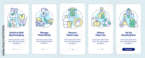 Zero waste business onboarding mobile app screen. Reduce paper use walkthrough 5 steps editable graphic instructions with linear concepts. UI, UX, GUI template. Myriad Pro-Bold, Regular fonts used