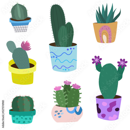 Cactus plant in pot vector illustration set. cactus wiyh flowers