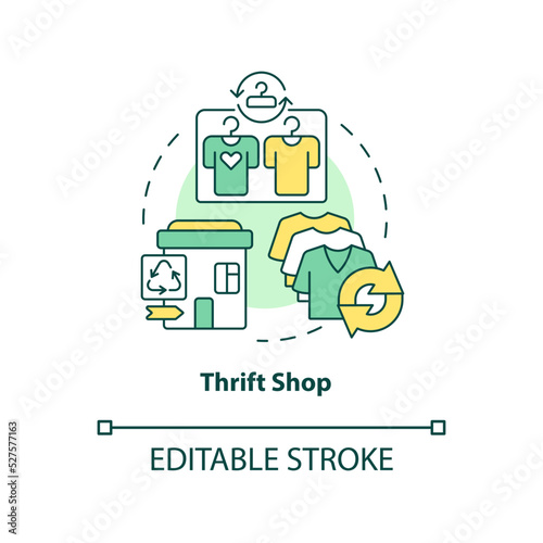 Thrift shop concept icon. Transitioning to low waste lifestyle abstract idea thin line illustration. Secondhand clothes. Isolated outline drawing. Editable stroke. Arial, Myriad Pro-Bold fonts used