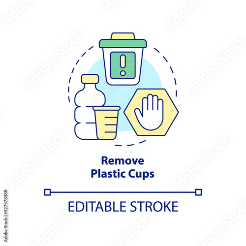 Remove plastic cups concept icon. Move company to zero waste abstract idea thin line illustration. Environmental impact. Isolated outline drawing. Editable stroke. Arial, Myriad Pro-Bold fonts used