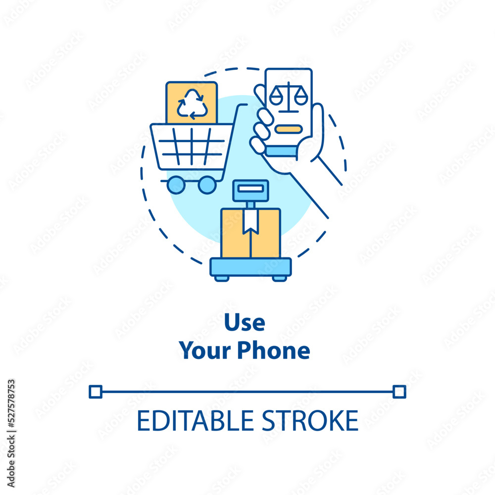Use phone concept icon. Reduce waste while shopping abstract idea thin line illustration. Record container weights. Isolated outline drawing. Editable stroke. Arial, Myriad Pro-Bold fonts used Use phone concept icon. Reduce waste while shopping abstract idea thin line illustration. Record container weights. Isolated outline drawing. Editable stroke. Arial, Myriad Pro-Bold fonts used
