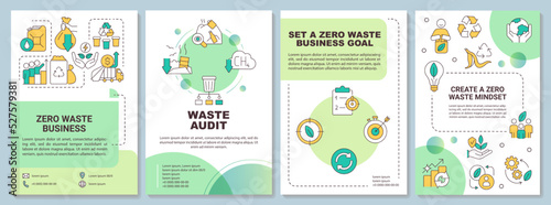 Zero waste business strategies green brochure template. Mindset. Leaflet design with linear icons. Editable 4 vector layouts for presentation, annual reports. Arial-Bold, Myriad Pro-Regular fonts used