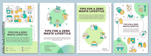 Living zero waste life advices green brochure template. Leaflet design with linear icons. Editable 4 vector layouts for presentation, annual reports. Arial-Bold, Myriad Pro-Regular fonts used