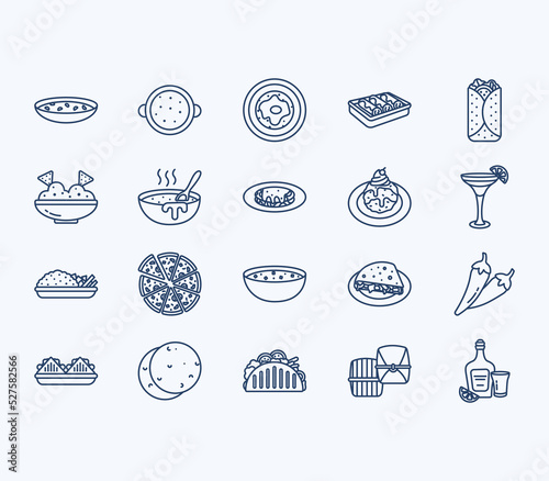 Mexican food recipes and dishes icon set