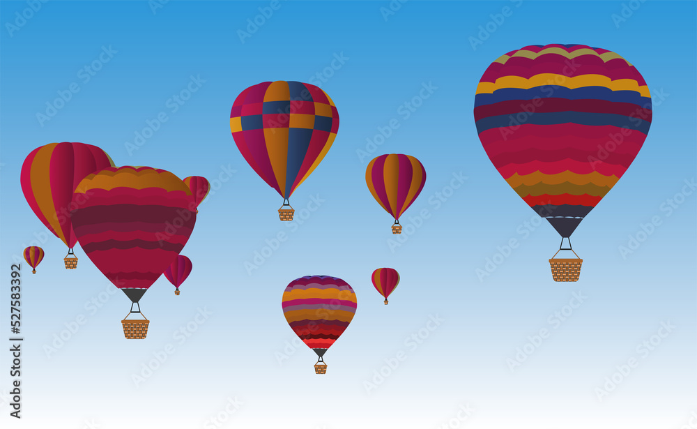 Obraz premium colorful hot air balloons with baskets flying in the sky. travel collection vector illustration