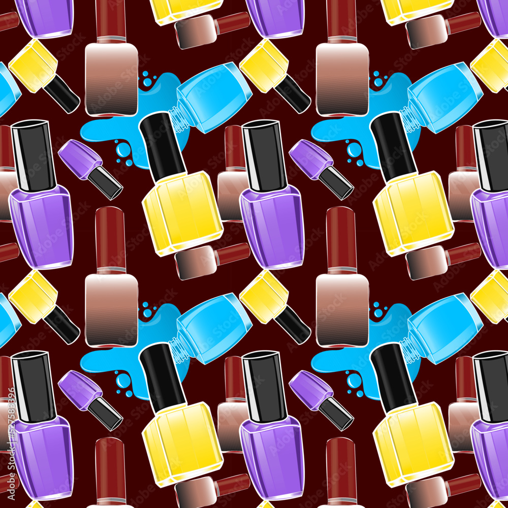 Seamless pattern of yellow pantone,medium purple,capri,blast off bronze  color nail paint bottle or nail polish bottle with black and OU crimson red  color cap on black bean background. beauty product. Stock Vector