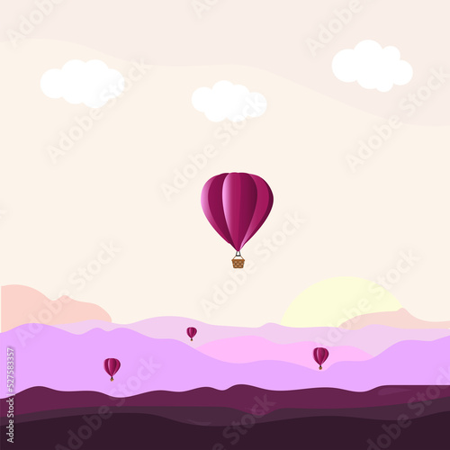 purple hot air ballons flying over mountains