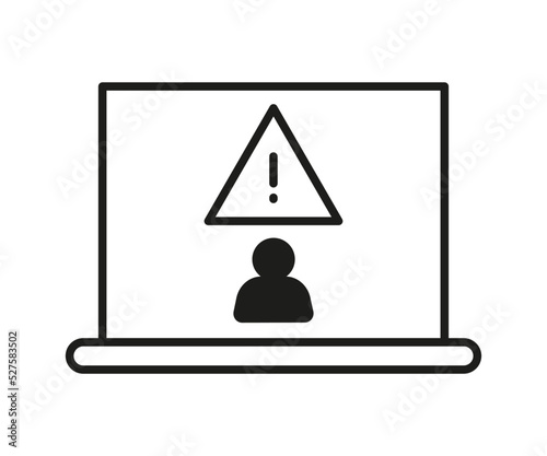 Warning sign on computer, scam of hacker, line icon. Cheating on internet, covert crime swindler. Social media fraud of thief. Danger of stealing personal information. Vector outline illustration