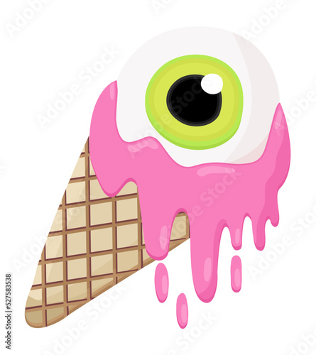 Ice cream cone with green eye and melting pink topping. Vector bright isolated illustration.