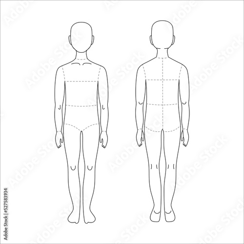 Kid line drawing croqui for flat fashion sketches and cads with seam lines. Vector mannequin design. 