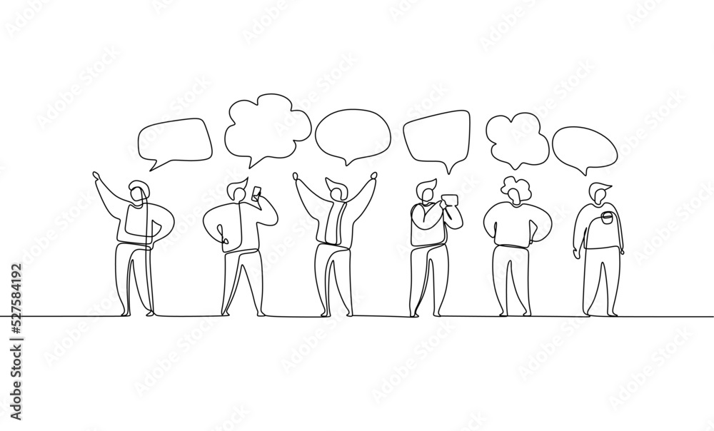 Vector illustration, single line style, people discuss social network, news, social networks, chat, dialogue speech bubbles vector