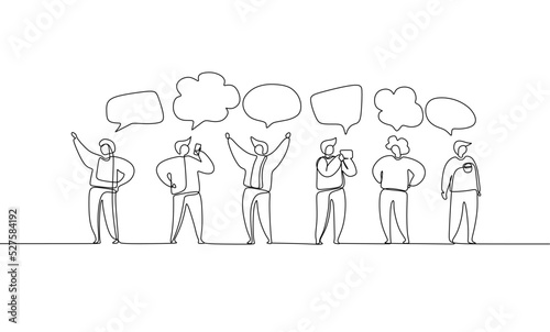 Vector illustration, single line style, people discuss social network, news, social networks, chat, dialogue speech bubbles vector