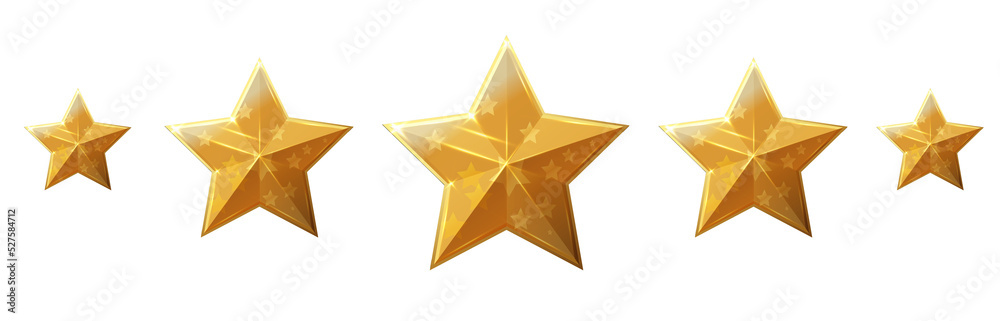 Five stars gold icon. Stars rating review icon.Vector stars set of realistic metallic golden stars isolated on white background. Symbol wye of leadership. Vector illustration - obrazy, fototapety, plakaty 