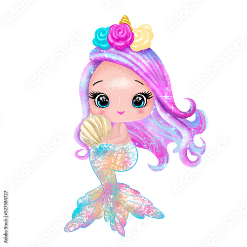 Quadro su tela Illustration of Cute baby mermaid with seashell, sparkle rainbow tail