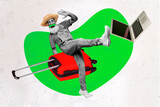 Creative 3d photo artwork graphics collage of retired happy funny man ready relaxing refuse working throw away kick computer carry suitcase