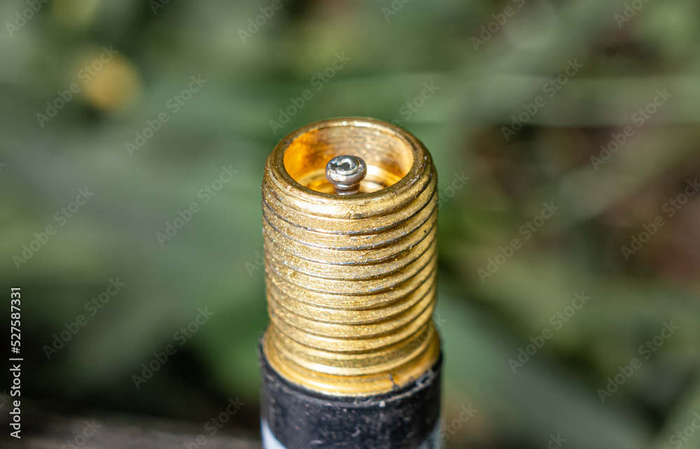 Schrader valves closeup. American valve. Metric thread. Stock Photo