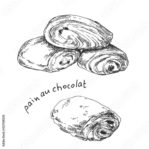 hand drawn vector french pain au chocolate illustration