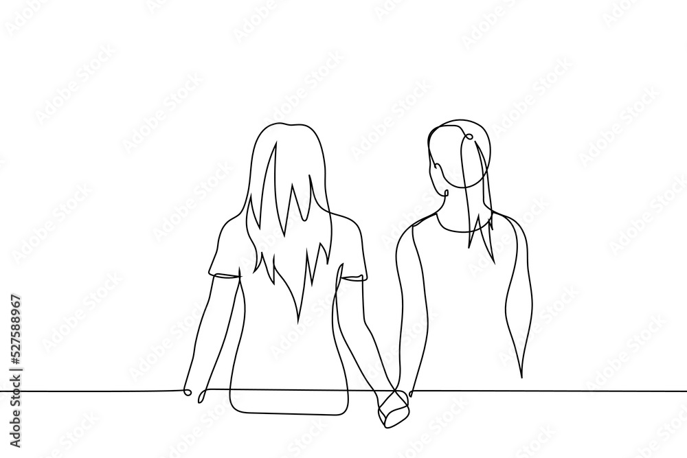 two women go hand in hand - one line drawing vector. girlfriend concept, lesbian couple