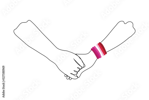 lesbians holding hands - one line drawing vector. concept two hands on one of which is a bracelet with the symbol of the lesbian flag