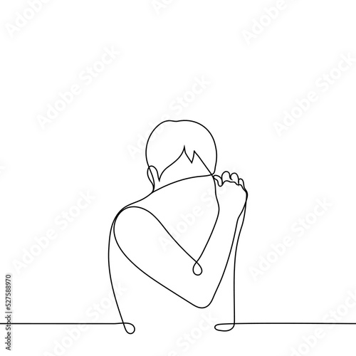man hiding his face with shirt or sniffing his armpit - one line drawing vector. concept shame, cringe, embarrassment, check the freshness of the shirt or your sweat smell