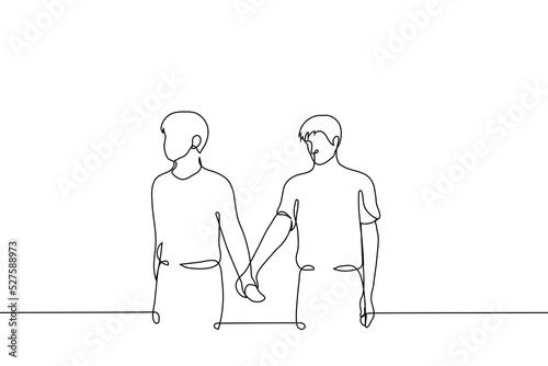 man leading his friend by the hand - one line drawing vector. the concept of a man dominates grabbing his hand and directing him