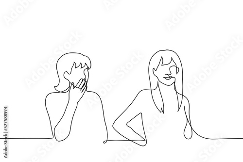 woman admiring and admiring another smiling woman - one line drawing vector. concept girl crush for woman, lesbian in love, envy or jealousy for someone else's beauty or success and achievements