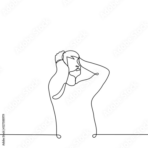 shocked man stands clutching his head - one line drawing vector. concept horror, shock, surprise