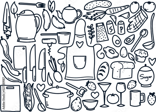 A pack of kitchen items in a cute cartoon style. Cooking utensils, objects and products. Black vector outlines isolated on white background.