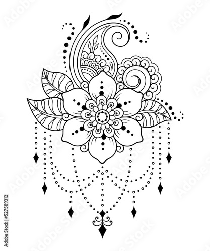 Mehndi flower pattern for Henna drawing and tattoo. Decoration in ethnic oriental, Indian style. Doodle ornament. Outline hand draw vector illustration.