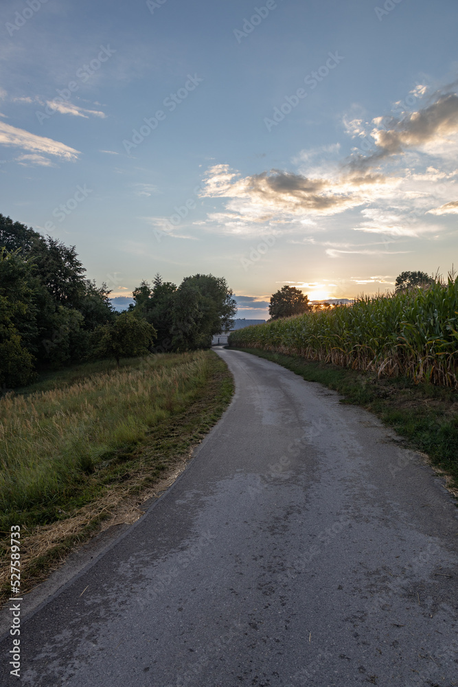 Rural landscapes in the light of sunrise with blue and cloudy sky, country roads and farmer fields, Podkarpackie County, Poland, August, 2022