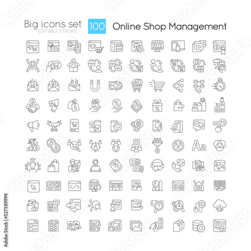 Online shop management linear icons set. Ecommerce. Digital marketing. Customizable thin line symbols. Isolated vector outline illustrations. Editable stroke. Quicksand-Light font used