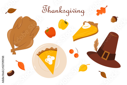 Vector isolated Thanksgiving set with turkey, harvest, apples, autumn leaves, pumpkin pie and holiday hat. Design elements for Thanksgiving and other fall themes. photo