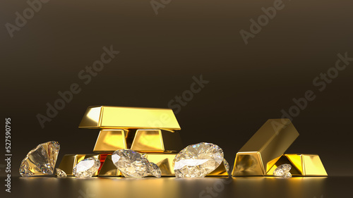 pile of shiny gold bars and luxury diamonds - 3d render of precious metals for rich and wealthy people in dark studio background photo