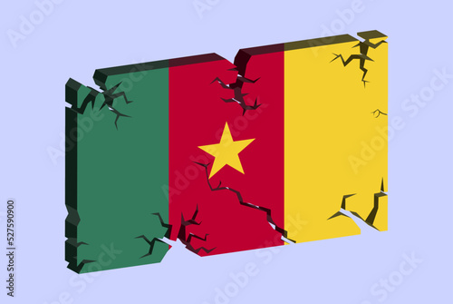 Cameroon flag on 3D cracked wall vector, fracture pattern, country flag with cracked texture, issues concept