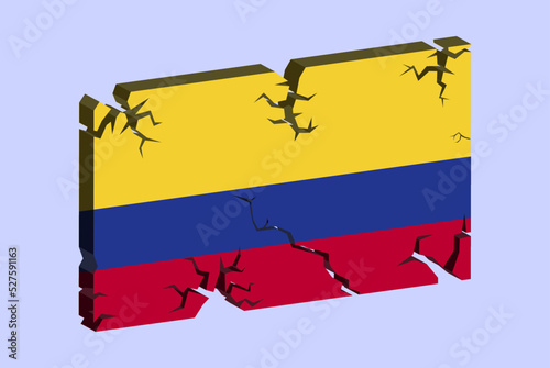 Colombia flag on 3D cracked wall vector, fracture pattern, country flag with cracked texture, issues concept